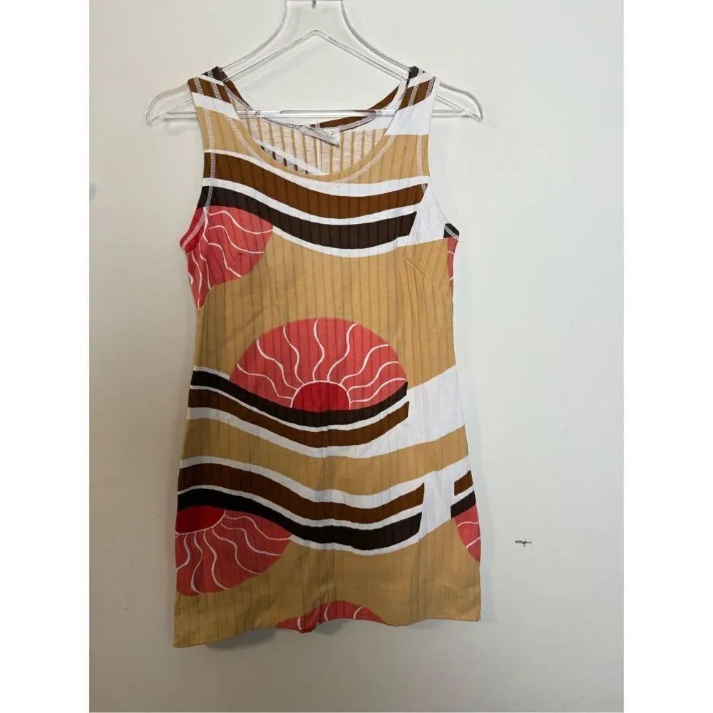 Vintage 70s Almedahl Retro Sunrise Sleeveless Ribbed Printed Mini dress 12/40 St
